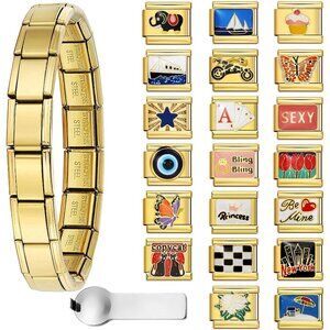 Gold Italian Charm Bracelet Set with 20 Charms & Tools - 6.75 Inch Stainless Ste